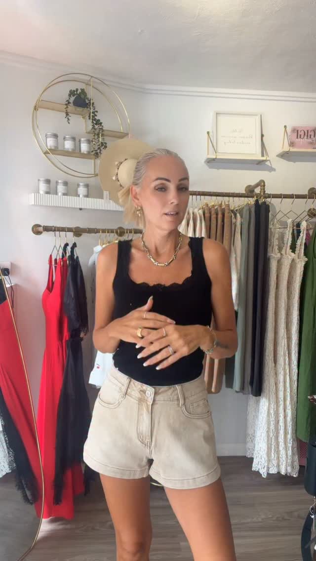 Stone stretchy shorts with scalloped hem worn with a black lace top