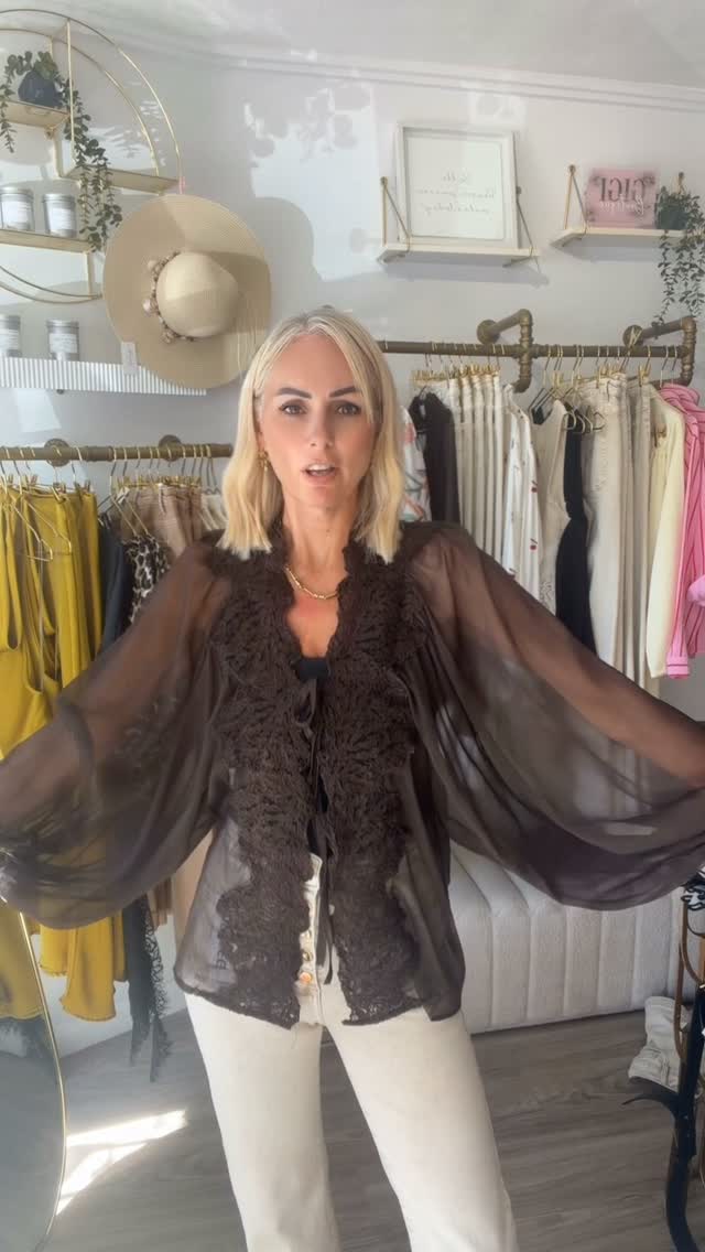 Chocolate brown blouse with sheer sleeves